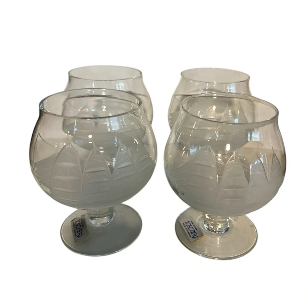 Vintage 4 Brandy Cognac Snifters Etched Cut Clipper Ship Toscany hand blown